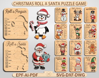Julpusselspel, julrulle-tomten-pusselspel SVG, julfestidé, träspel för barn, klippfil för jultomten, Glowforge-fil