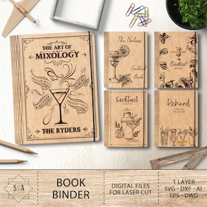 Libro di ricette per cocktail personalizzato in formato SVG, raccoglitore per cocktail in legno, file tagliati al laser, libro di ricette per bar in formato SVG, regalo per barista in formato SVG, file SVG Glowforge