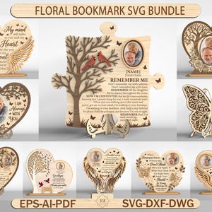 May include: A collection of laser-cut wooden memorial plaques featuring heart, butterfly, and puzzle piece shapes. Each piece includes engraved text, decorative tree or wing motifs, and circular photo frames. The text reads Floral Bookmark SVG Bundle.