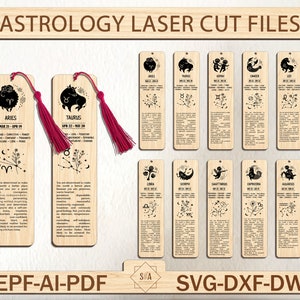 Set di segnalibri Glowforge Wood Svg, Set di segnalibri Glowforge Wood Svg, File tagliati al laser per astrologia, Segnalibri zodiacali Svg, File segnalibri laser zodiaco
