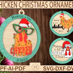 Ornement de Noël poulet Svg, Svg d'ornement de Noël famille, décoration de Noël en bois, cadeaux de Noël Svg, fichiers SVG Glowforge