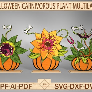 Planta carnívora de Halloween Archivo de corte multicapa Svg, Trampas para moscas de dibujos animados o depredadores de flores, Flores enojadas con dientes, Glowforge de corte digital
