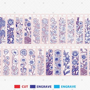 May include: A collection of floral-themed bookmarks with intricate line art designs. Each bookmark features a different flower, rendered in blue and red, with a rectangular shape and a small hole at the top for a tassel or string.