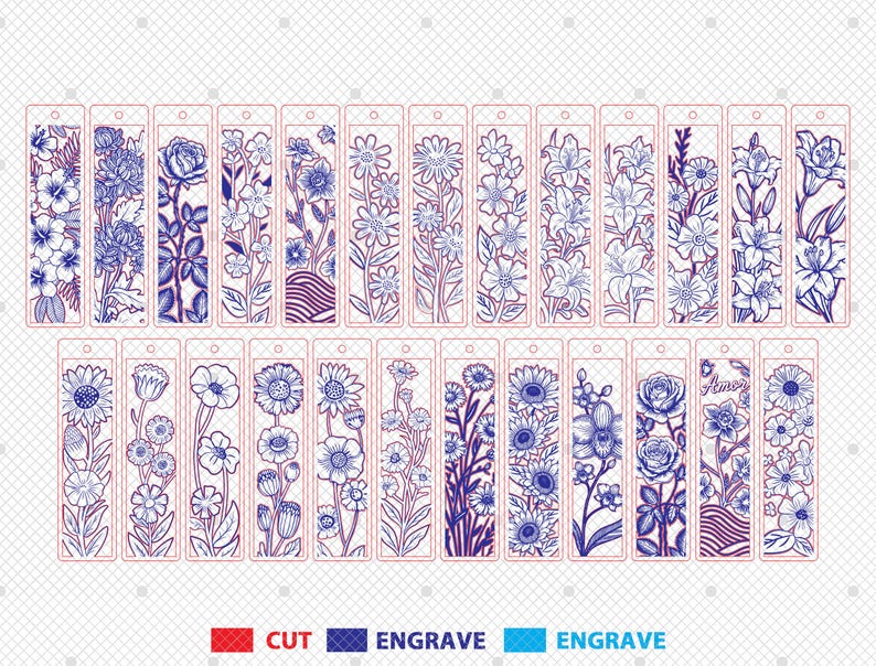 May include: A collection of floral-themed bookmarks with intricate line art designs. Each bookmark features a different flower, rendered in blue and red, with a rectangular shape and a small hole at the top for a tassel or string.