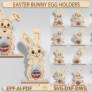 Könnte beinhalten: Osterhasen-Eierhalter aus Holz in verschiedenen Designs. Die Halter sind lasergeschnitten und haben eine Hasenform mit Platz für ein Ei. Der Text "EASTER BUNNY EGG HOLDERS" steht oben. Die Halter sind aus hellem Holz gefertigt.
