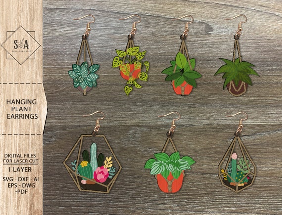 Hanging Plant Earrings  Bundle SVG, Plant Earrings ,Dangle Earrings Svg , Floral Earrings ,  Laser Earrings Files , Glowforge Earrings