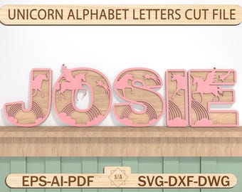 May include: Pink wooden letters spelling out the name "JOSIE" with a unicorn design on each letter. The letters are on a wooden shelf with a green background. The text "EPS-AI-PDF" and "SVG-DXF-DWG" are at the bottom of the image.