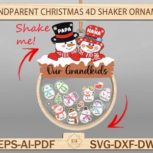 Joyeux Noël 4D Shake ornement Svg, nom personnalisé de bonhomme de neige grand-parent, fichier découpé au laser petits-enfants Svg, cadeau de Noël pour grand-père grand-mère Svg