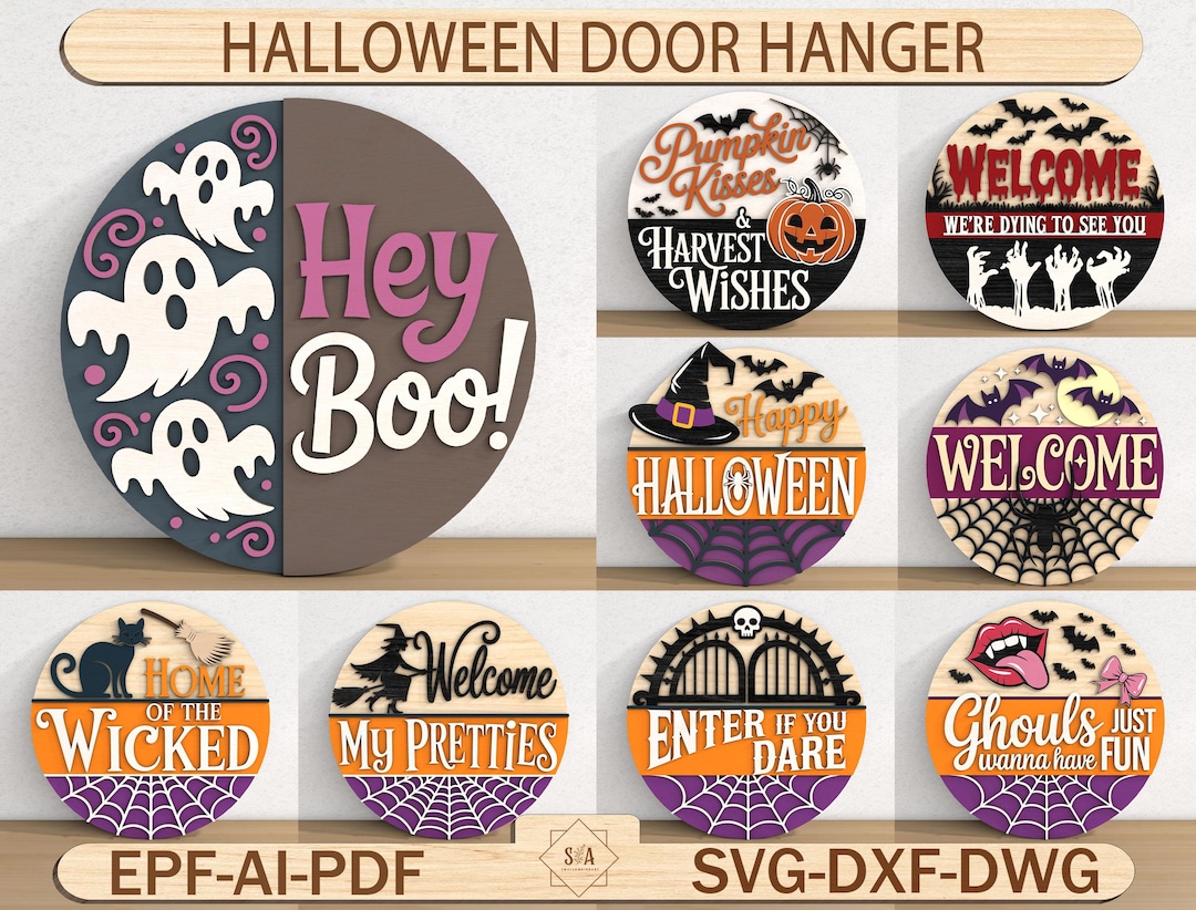 Halloween Door Hanger SVG Bundle, Halloween Welcome Sign, Laser Cut ...