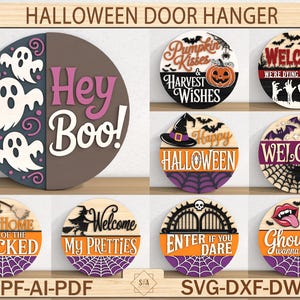Halloween-deurhanger SVG-bundel, Halloween-welkomstbord, lasergesneden bestanden, Glowforge SVG, deurdecor rond houten bord voor Glowforge-laser
