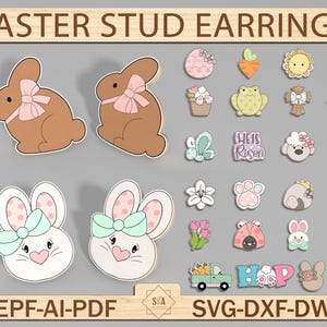 Happy Easter Stud Earrings SVG, Sheep Earrings Svg, Carrot Stud Earring, Cute Rabbit, Hip Earring Svg, Glowforge Files,Laser Earrings Files
