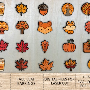May include: A set of 18 digital files for laser cutting fall leaf earrings. The designs include a variety of leaves, acorns, pumpkins, foxes, and a turkey. The text "Give Thanks" is also included. The files are available in SVG, DXF, AI, EPS, and DWG formats.