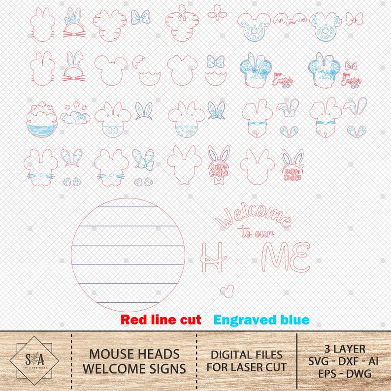 May include: A digital download of 3-layer SVG, DXF, AI, EPS, and DWG files for laser cutting. The design features mouse heads, welcome signs, and Easter-themed elements in red and blue lines. The text "Welcome to our Home" is included in the design.
