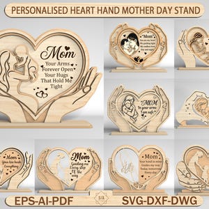 Gepersonaliseerde harthand Moederdagstandaard lasergesneden bestand, Moederdagcadeau SVG, lasergesneden standaard, Glowforge-bestanden