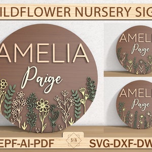 Wildblumen Kinderzimmer Namensschild, 3D Holz Namensschild, personalisiertes Kinderzimmer Geschenk, Boho Kinderzimmer Dekor, Mädchen Kinderzimmer Dekor, Glowforge Laser Cut Datei
