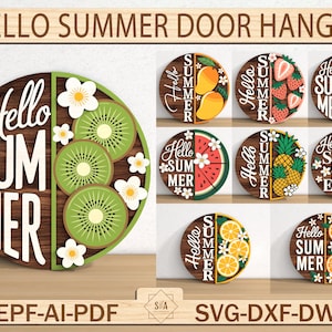Accroche-porte été Bonjour, panneau de bienvenue de fruits sucrés, fichiers Glowforge et Cricut ready, fichier découpé au laser d'été, décoration de porte SVG