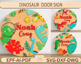 Personalized Dinosaur Door Sign Svg, Farmhouse Door Decor,Kids Dinosaur Sign,Dinosaur Door Hanger,Layered Door Sign,Glowforge Laser Cut File