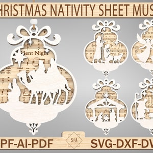 Adorno de partituras de Natividad de Navidad SVG, Adorno de canción de Navidad Svg, Adorno de Jesús Svg, Adorno de Natividad Svg, Archivo Glowforge Svg