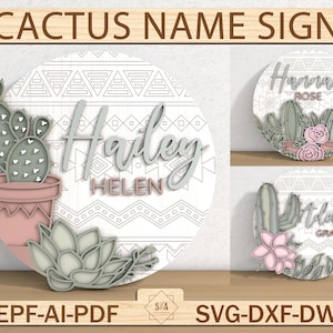 Personalisiertes Kaktus-Namensschild-Svg, Name Wüstenschild, Kinderzimmerschild, Holzschild, Türnamensschild, Jungenzimmer-Svg, Glowforge Laser Cut-Datei