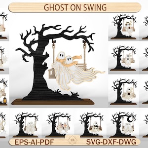 May include: A digital design file set titled GHOST ON SWING featuring a black silhouette of a tree with a wooden swing. The central image shows two white ghosts with orange scarves on the swing. Multiple variations of ghosts on swings are displayed in the surrounding grid, including ghosts with books, pumpkins, lanterns, and cats. The file formats listed are EPS, AI, PDF, SVG, DXF, and DWG.