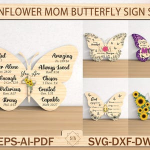 Fichier de coupe de signe papillon maman tournesol, cadeau pour maman, cadeau fête des mères, fête des mères découpé au laser, svg papillon, papillon tournesol