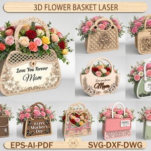 May include: A collection of laser-cut wooden flower baskets in various colors and designs. The baskets are shaped like handbags and filled with colorful flowers. Some baskets have text that reads "Love You Forever Mom", "Best Mama", and "Happy Mother's Day".