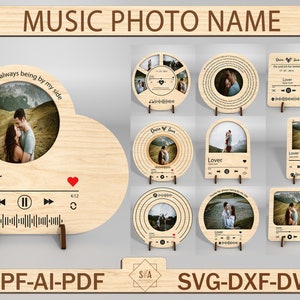 パーソナライズされた歌の飾りフォトフレーム レーザーカット SVG、バレンタインミュージックフォトフレーム SVG、Spotify プレイリストミュージック SVG、スタンド付きフォトフレーム