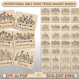 May include: A collection of wooden fridge magnets with inspirational Bible verses and floral designs. Each magnet features a different verse, such as Proverbs 3:7 and Joshua 1:9, with delicate flower illustrations. The bundle includes various sizes and shapes.