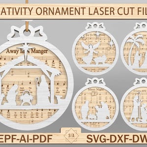 Partition Noël crèche de Noël ornement Svg, crèche de Noël Svg, ornement chanson de Noël Svg, ornement Jésus Svg, fichier Glowforge fichier Svg