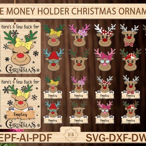 Pacchetto carino renna porta soldi di Natale ornamento SVG, porta soldi ornamento SVG, porta soldi tag calza, porta soldi Glowforge SVG