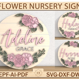Bloem kwekerij naam teken, bloem 3D houten teken, kinderkamer kunst aan de muur, houten baby naam teken, meisje kinderkamer decor, Glowforge laser gesneden bestand