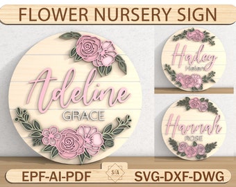 Flower Nursery Name Sign, Flower 3D Wooden Sign, Nursery Wall Art, Wood Baby Name Sign, Girl Nursery Decor, Glowforge Laser Cut File