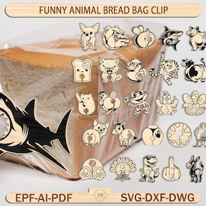 May include: A loaf of bread in a plastic bag with a variety of wooden bread bag clips. The clips feature humorous animal designs, including a shark, cat, dog, and more. The text "FUNNY ANIMAL BREAD BAG CLIP" is at the top.