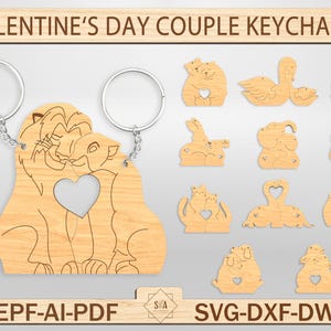 Llavero de animales de San Valentín Svg, archivos Svg de llavero de pareja, archivo cortado con láser de llavero entrelazado, Svg de regalo de aniversario, Svg de animales de pareja