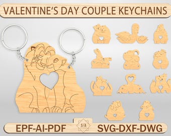 Valentinstag Tiere Schlüsselbund svg, Paar Schlüsselbund svg-Dateien, Verriegelung Schlüsselanhänger Lasercut-Datei, Jubiläumsgeschenk svg, Paar Tiere svg