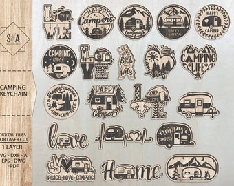 May include: A set of 16 black and white camping themed SVG cut files. The designs include a camper van, mountains, trees, and text such as "Happy Campers", "Camping Mode", "Camp Life", and "Peace Love Camping".