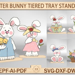 Lapin de Pâques à plusieurs niveaux, debout fichier découpé au laser SVG, chasse aux œufs, carotte, ringard, coeur porte-bonheur Design décoration de vacances, support de lapin de Pâques, Glowforge
