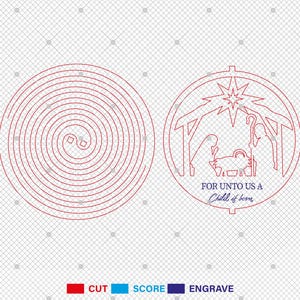 Puede incluir: Un dibujo de l&iacute;nea roja de un dise&ntilde;o en espiral y una escena de la natividad con el texto "For unto us a Child is born".