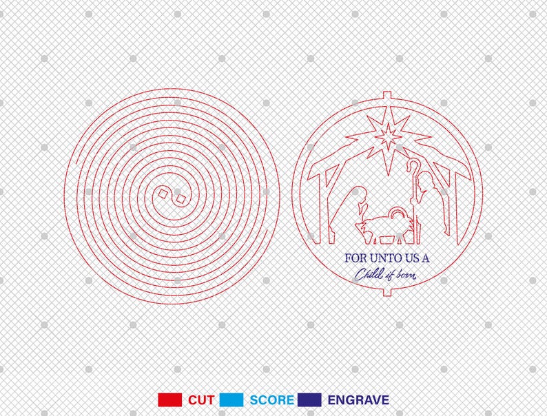 Puede incluir: Un dibujo de l&iacute;nea roja de un dise&ntilde;o en espiral y una escena de la natividad con el texto "For unto us a Child is born".