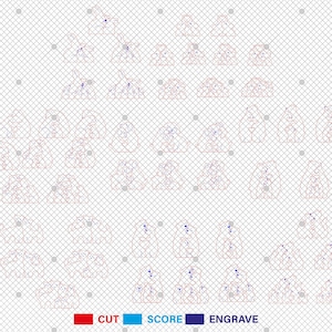 May include: A digital design file for a layered, multi-sized, family of bears. The design is for a laser cutter and includes cut, score, and engrave lines. The design features a mother bear, father bear, and baby bear.