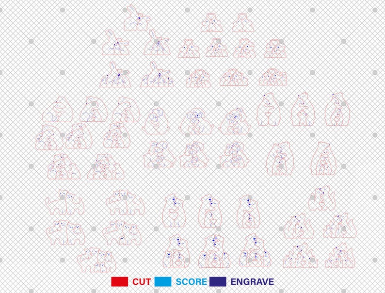 May include: A digital design file for a layered, multi-sized, family of bears. The design is for a laser cutter and includes cut, score, and engrave lines. The design features a mother bear, father bear, and baby bear.