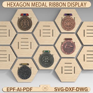 May include: A wooden hexagon medal ribbon display featuring several medals with ribbons. The medals have various designs, including an eagle, a lotus flower, and a ship. The text "HEXAGON MEDAL RIBBON DISPLAY" is at the top.