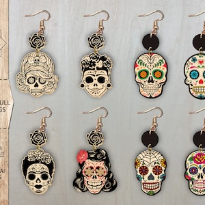 Lot de boucles d'oreilles tête de mort en sucre SVG, boucles d'oreilles en sucre têtes de mort, fichiers Glowforge, fichiers boucles d'oreilles laser, boucles d'oreilles squelette, boucles d'oreilles Halloween