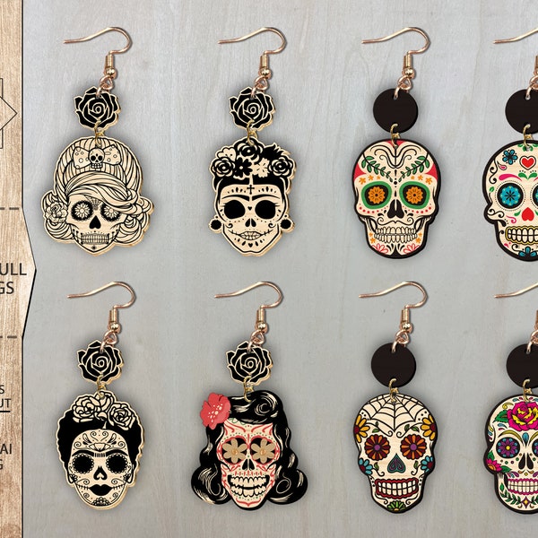 Sugar Skull Earrings Bundle SVG , Skulls Sugar Earrings , Glowforge Files , Laser Earrings Files ,Skeleton Earrings ,  Halloween Earrings