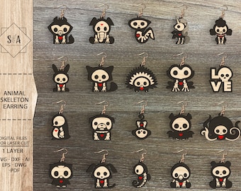 Animal Skeleton Earring Bundle  SVG ,Funny Halloween Earrings , Laser Earrings Files , Glowforge Files , Halloween Cat Earring, Skeleton Dog