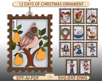 12 Days of Christmas Ornament, Christmas Ornament SVG, Twelve Days of Christmas Laser Cut File, Christmas Digital File,  Glowforge Laser