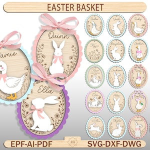 Personalized  Easter Basket Tag Svg, Bunny Name Tag, Easter Rabbit Monogram Decor, Kids Easter Gift Tag Svg, Goose with Bow, Glowforge