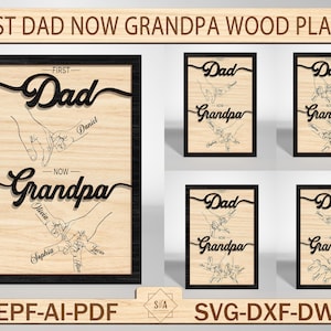 Placa de madeira personalizada com nome e punho para pai e filhos, arquivo SVG cortado a laser, presente para o dia dos pais, presente para o avô, primeiro pai personalizado agora avô