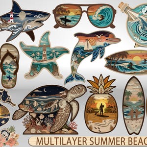 Puede incluir: Una colección de recortes de madera multicapa con temas costeros y marinos que incluyen un tiburón, gafas de sol, una botella con una ballena, chanclas, una estrella de mar, un delfín, una tabla de surf, un caballito de mar, una tortuga marina, una piña y tablas de surf.