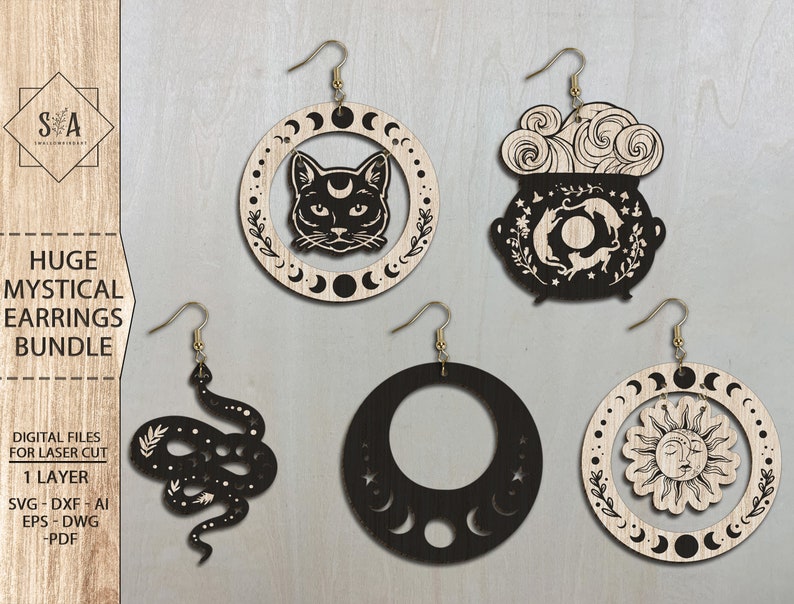 May include: Set of four laser cut wooden earrings with mystical themes. The earrings feature a black cat, a cauldron with a crescent moon, a sun with a face, and a crescent moon with stars.
